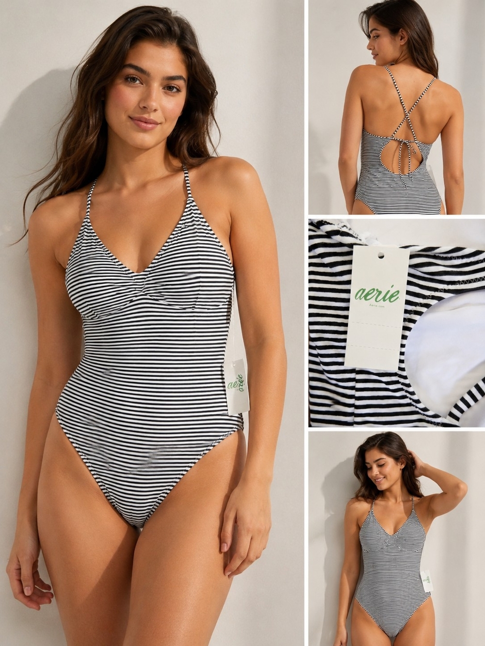 aerie Black & White Striped One-Piece Swimsuit